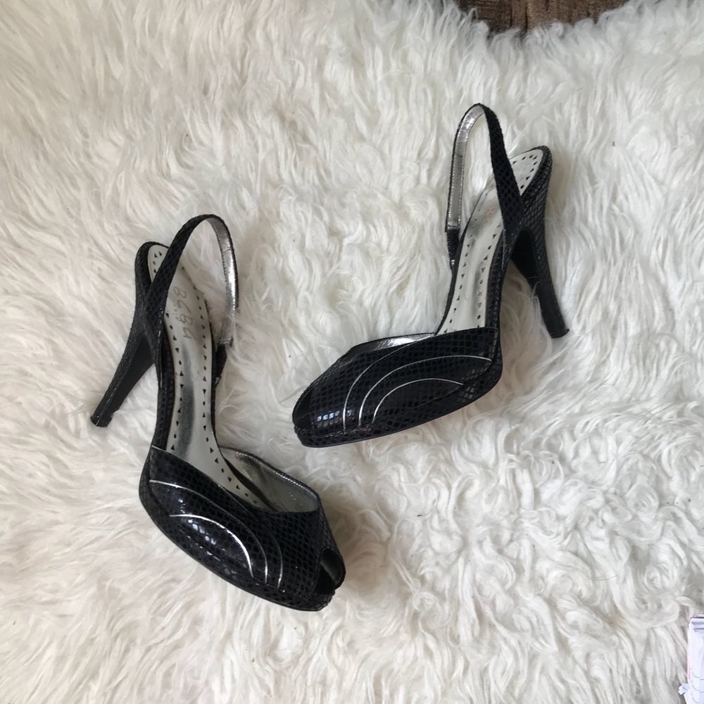 BCBG Black Patent Snakeskin Slingbacks